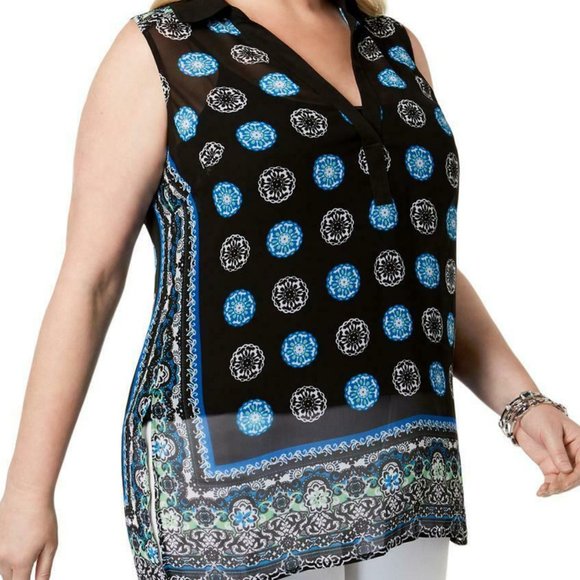 INC Chiffon Sheer Printed V Neck Summer Top - Picture 1 of 2